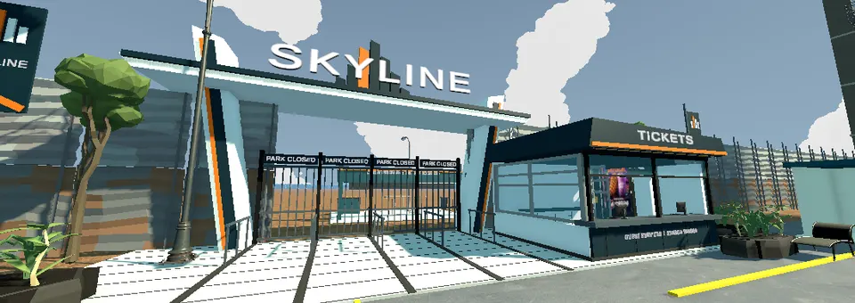 SKYLINE entrance in the Unity development build, with closed gates, angled pillars and a ticket pavilion.